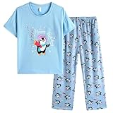 Vopmocld Big Girls' Short Sleeve Long Pants Pajama Sets 2PCS Cartoon Pattern & Letters Printed Sleepwear Lounge for Teens, Penguin, 12