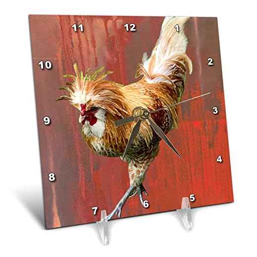 3dRose 6x6 Desk Clock - Rooster, Red Background Animals