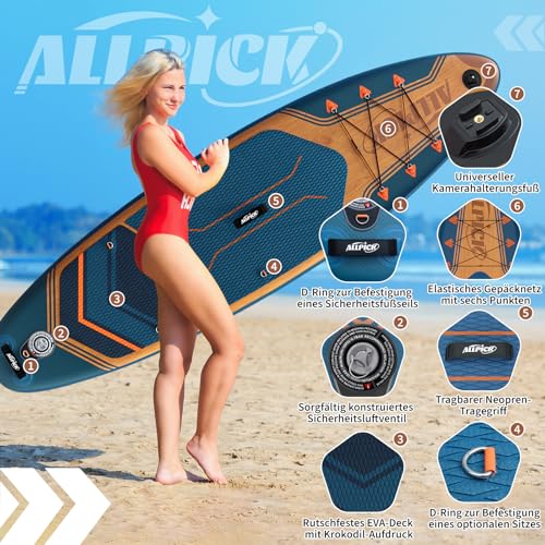 ALLPICK Premium SUP Board Set, Stand Up Paddling Board Aufblasbar, Mit Universal Kamerahalterung, Komplettes Zubehör, Verstellbares Paddel, Anfänger und Fortgeschrittene, 180kg Marineblau