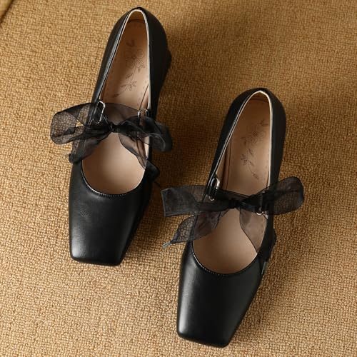 Womens Square Toe Pumps Block Heel Dress Shoes with Ribbon2