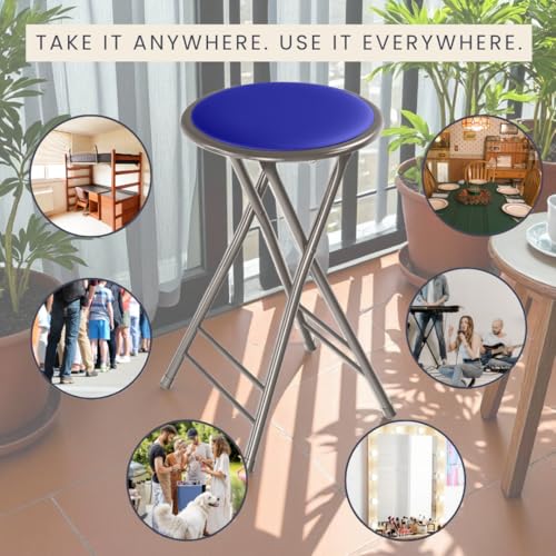 Image of Lavish Home Folding Stool with Padded Backless Seat, Blue, 24 Inch | Counter Height Bar Stools with 225lb Capacity, Portable Indoor & Outdoor, Extra Seat for Kitchen, Rec Room or Camping