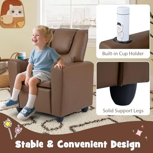 Image of GLACER Kids Recliner with Cup Holder, PU Leather Toddler Lounge Chair | Baby Recliner w /Adjustable Backrest & Footrest, Spring Seat Cushion, Push Back Toddler Sofa for Ages 3+, Supports 150 lbs