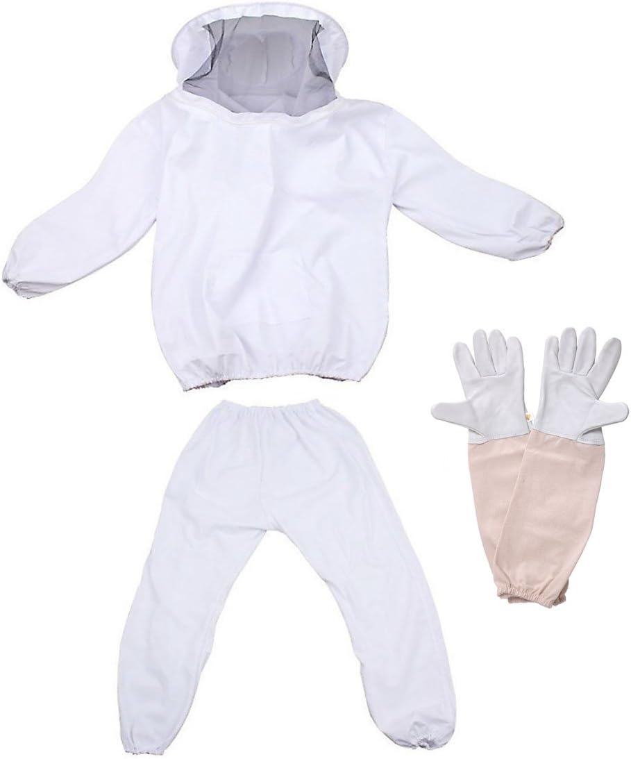 Feekr Professional Beekeeping Suit Jacket with Pants and Goat Skin Long Sleeve Gloves, Medium（White）