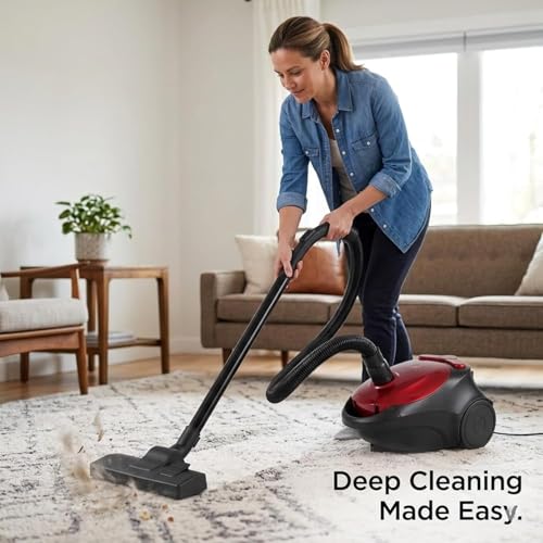 Image of Eureka Jazz High Power Vacuum Cleaner for Home /Office /Car | 1200W Strong Suction | 1.5L Dust Capacity | Automatic Cord Rewind | 360 Swivel Wheels | Compact with Flexible Hose & Floor Brush