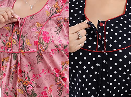 YKI® Women's/Girls Cotton Fabric Beautiful Print Nighty/Nightgown/Nightwear/Nightdress with Pocket (PACK of 2)