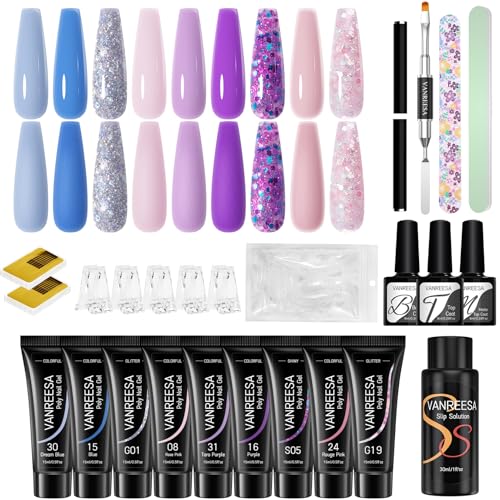 VANREESA Gel Ricostruzione Unghie, 9 Colori 15ml Kit Ricostruzione Unghie, Kit Unghie Gel Completo con Base e Top Coat, Clip Unghie, Soluzione Slip, Regali per Donne