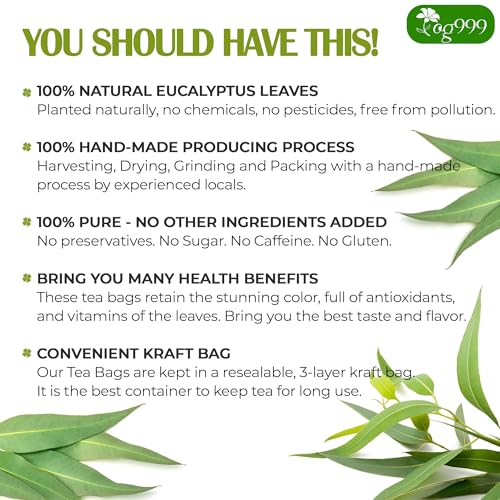 Image of TOG999, Premium 100 Eucalyptus Leaf Tea Bags, 100% Natural & Pure Eucalyptus Leaves. Loose Leaf Eucalyptus Herbal Tea. Eucalyptus Leaf Tea. No Sugar, No Caffeine, No Gluten, Vegan.