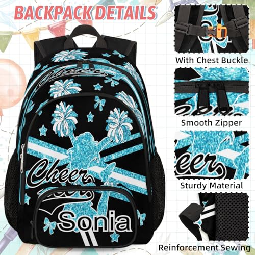 Cheerleaders Customized Name Backpack with Lunch Box, Waterproof Personalized Cheer Backpacks Lunch Bag, Teal Glitter2