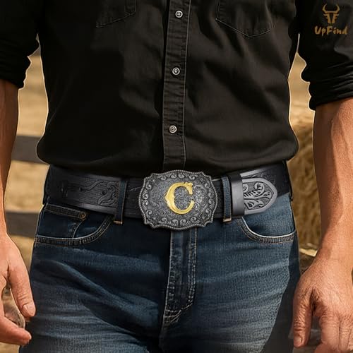 Western Cowboy Leather Belt Men Women, Gold Initial Letters ABCJMZ Buckle Embossed Belt for Jeans