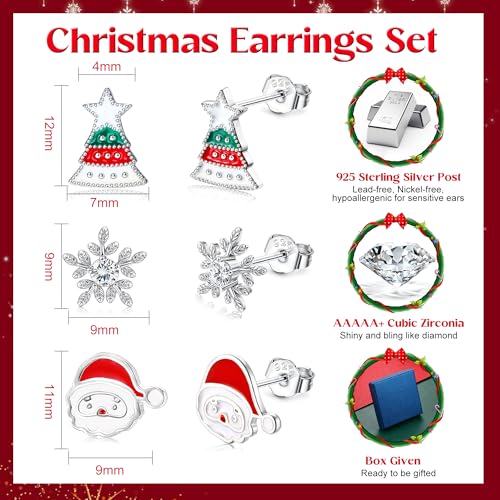CASSIECA 3 Pairs 925 Sterling Silver Christmas Earrings for Women Girls Silver Stud Xmas Earrings Set Snowflake Christmas Tree Santa Claus Earrings Christmas Jewellery with Gift Box