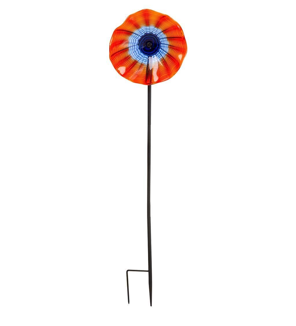 Wind & Weather 8-Inch Diameter by 33-Inch High Handcrafted Blown Glass Flower Formed Using Traditional Glass Blowing Techniques with Unique Shape & Color Patterns & Sturdy Metal Garden Stake (Red)