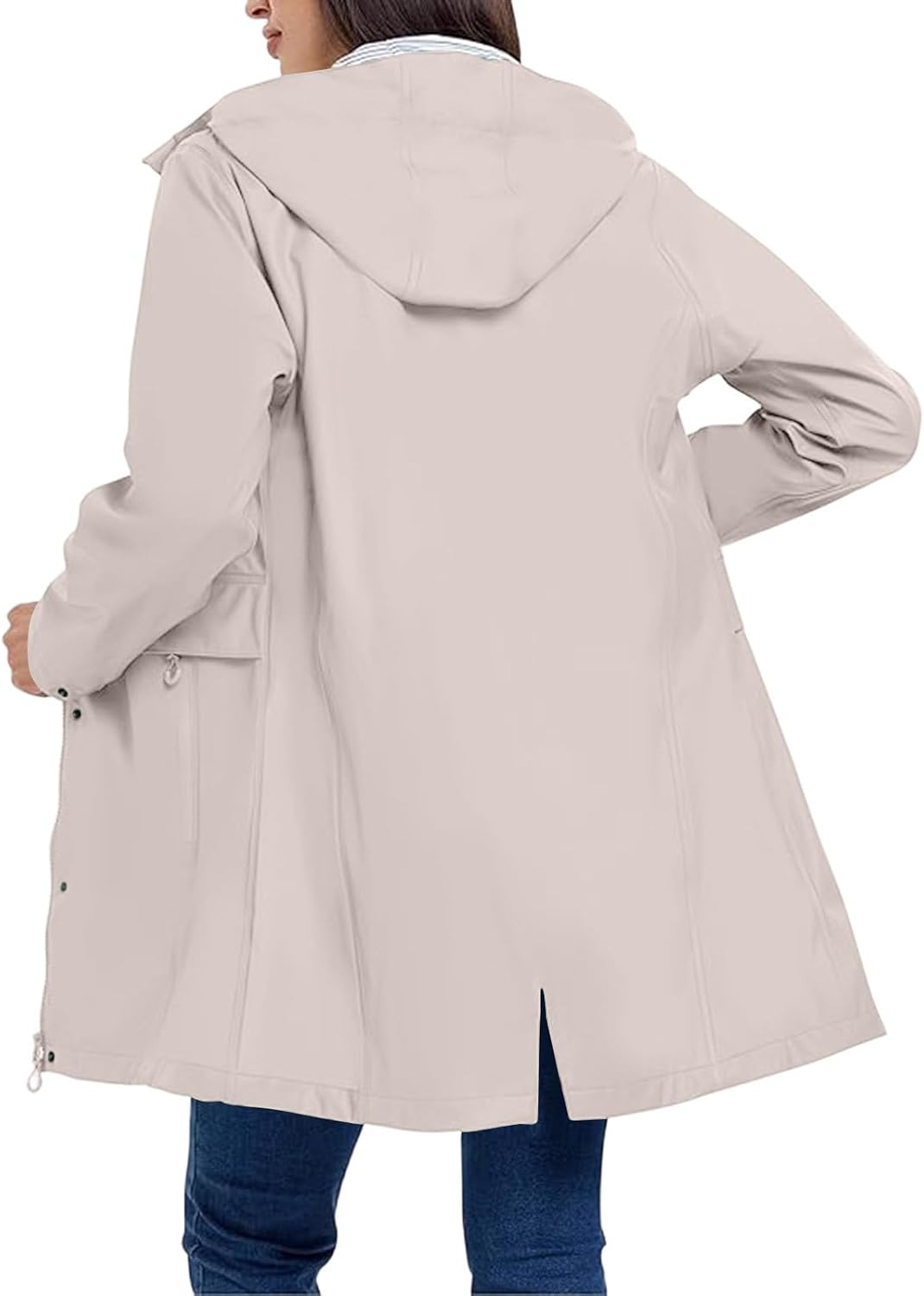 Trench Coat for Women Waterproof Hooded Zip Up Outdoor Rain Jacket | Women's Mid Length Softshell Anorak with Snap Flap Pocket, Drawstring Waist for Fall Spring Travel Hiking Casual