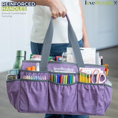 Image of Large Craft Organizer Tote Bag - Art Bag 16 x 7.9 x 9.5 with Elastic Side Pockets to Keep Markers Tidy - Durable Craft Bag Organizer Tote - Caddy Organizer with Handle and Removable Divider (Purple)