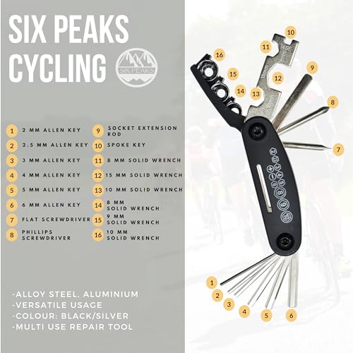 Six Peaks Cycling Multi Repair Tool, Compact, Pocket Size, 16 in 1 Bicycle Maintenance Kit with Spanners, Hex Keys - Image 4