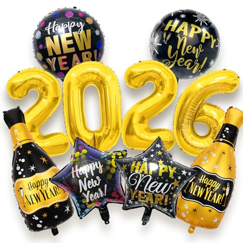 New Years Foil Balloons Set, 10Pcs 2026 Happy New Years Balloons Large 2026 Balloons for New Year Eve Party Supplies