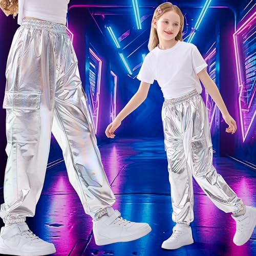 Image of Rolanko Girls Shiny Metallic Cargo Pants, Sparkle Jogger Pants for Girls Hip Hop Dance Streetwear Cargo Trousers 6-15 Years