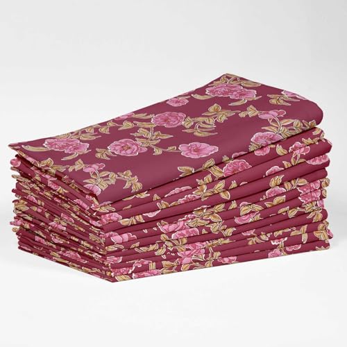 Vargottam Luxury Cotton Canvas Napkins - Set of 12, 20-Inch Rich Red Hue Elegant Floral Print, Premium Thick Cloth Napkins for Elegant Dining & Special Occasions - Soft, Absorbent & Machine Washable