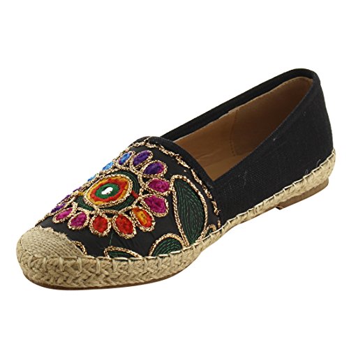 REFRESH IE90 Women's Cap Toe Espadrille Floral Stitched Flats,8.5 B(M) US,Black4