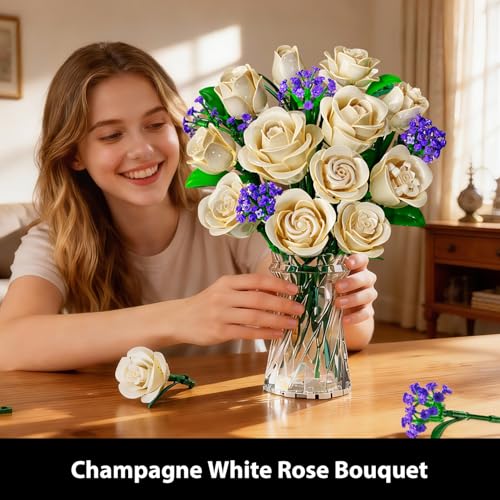Image of PLAXSOON Flowers Bouquet Building Set with Lights for Adults Girls 8+ | 16 Champagne White Roses Botanical Collection Building Blocks, Artificial Flower Gift for Her Home Decor(523PCS)