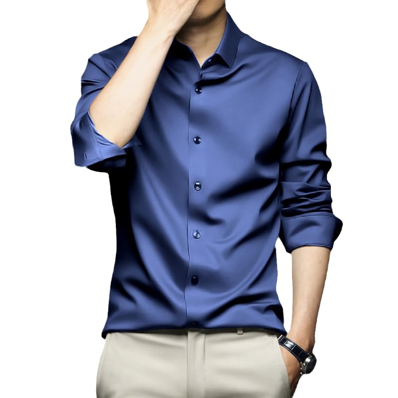 Lista de Camisas de Vestir para Hombre Baratas que Puedes Comprar On-line. 48 Camisa de vestir de seda de hielo azul para hombre, resistente a las arrugas, no necesita planchado, manga larga para negocios, Azul Real, Large