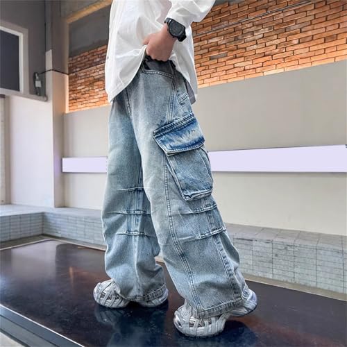 Boys Baggy Jeans Y2K Vintage Straight Wide Leg Ripped Denim Pants Teen Aesthetic Elastic Waist Loose Cargo Trousers2