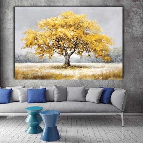 Tableau Arbre de la vie pour salle de bain moderne cadre jaune 50x70