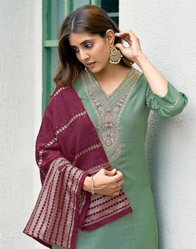 Image of SIRIL Women's Cotton Blend Sequence Embroidery Straight Kurta Pant with Dupatta Set