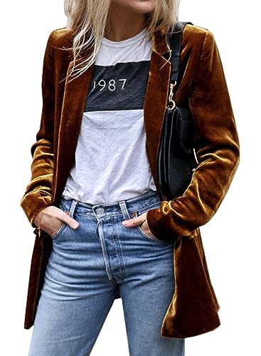 futurino Women's Solid Color Long Sleeve Velvet Jacket Open Front Casual Suit Cardigan Mid-Length Coat