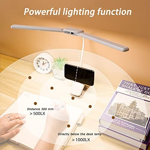 LED Desk Lamp Double Head - 3 Color Modes, Adjustable Brightness, Eye-Caring Reading Clip on Light with Touch Control White, Battery Operated Table Lamps for Study/Office/Home