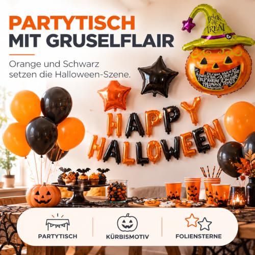 Halloween Ballon-Set Orange Schwarz – 20 Luftballons, Happy-Halloween-Schriftzug, Kürbis mit Hexenhut, 4 Foliensterne und Band… – Ansicht 3