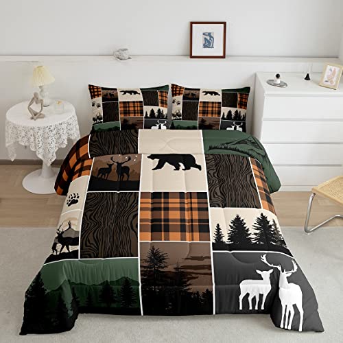 Rustic Cabin Comforter Set Twin Size, Hunting Bear Deer Down Comforter For Kids Teens Adult, Farmhouse Moose Quilt Vintage Plaid Tree Growth Ring Duvet Insert 2 Pcs With 1 Pillow Case, Grey