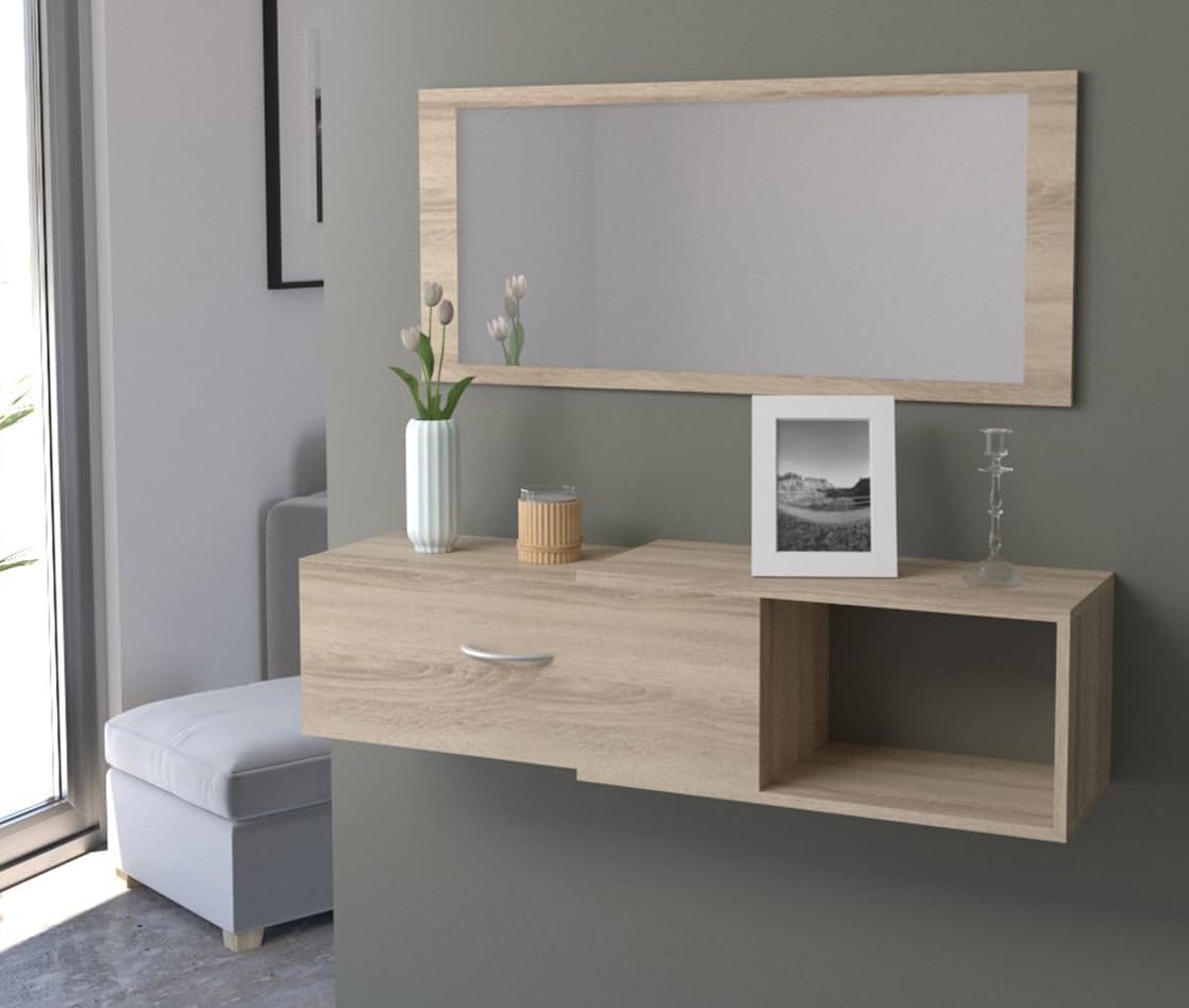 DORMIDAN- Mueble recibidor con cajón más Espejo, 1m de Ancho, (Roble)