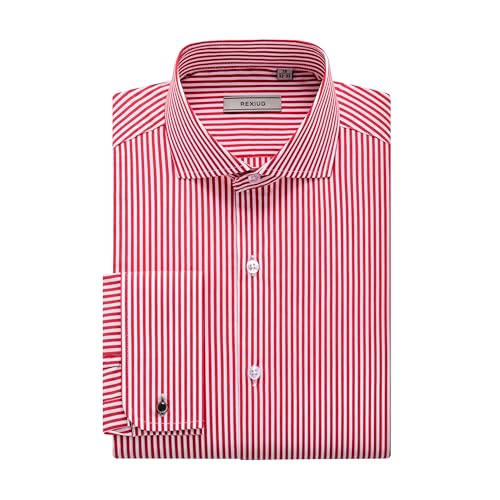 Image of REXIUD Men’s Stretch Stripe Dress Shirt – Windsor Collar, French Cuffs, Formal Long Sleeve Shirt for Office & Business (UK, Neck & Sleeve, 16, 34, 35, Regular, Regular, Red)