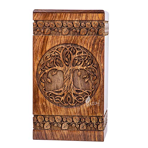 INTAJ Handmade Rosewood Urn for Human Ashes - Adult Tree of Life Wooden Urns Hand-Crafted - Celtic Funeral Cremation Urn for Dogs Engraved (Rosewood, Large - 11.25Hx6.25W (250 Cu in))