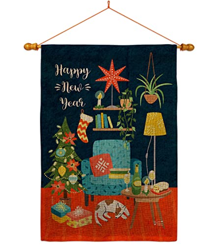 Angeleno Heritage New Year Happy Place House Flag Dowel Set Clock Countdown Champagne Party Fireworks Celebrate Decoration Banner Small Garden Yard Gift Double-Sided, Made in USA
