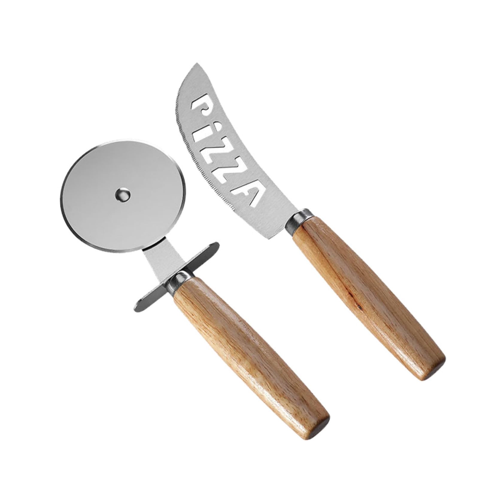 Cortador de Pizza y Rodillo de Acero Inoxidable 2 Piezas Mango de Madera, Rueda Giratoria Segura, Práctico para Hogar y Restaurante, Herramienta para Hornear Pizzas y Pasteles