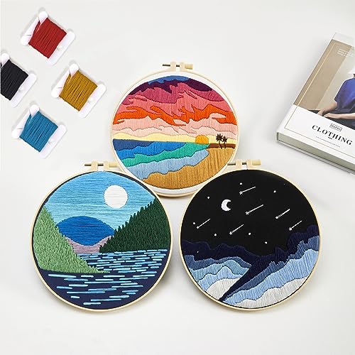 Image of Armindou Embroidery Kit for Beginner Adults, Stamped Cross Stitch Kits for Adult Beginners, Needlepoint Hand Embroidery Starter Kit with landscape Pattern, 3 Embroidery Hoop, 3 Set Embroidery Supplies