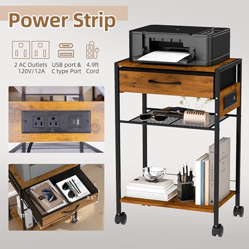 Curlix 3-Tier Printer Stand with Charging Station, Wood & Metal Printer Table with Storage Drawer for Home Office, Rolling Printer Cart with AC, USB, C-Type Port and Wheels