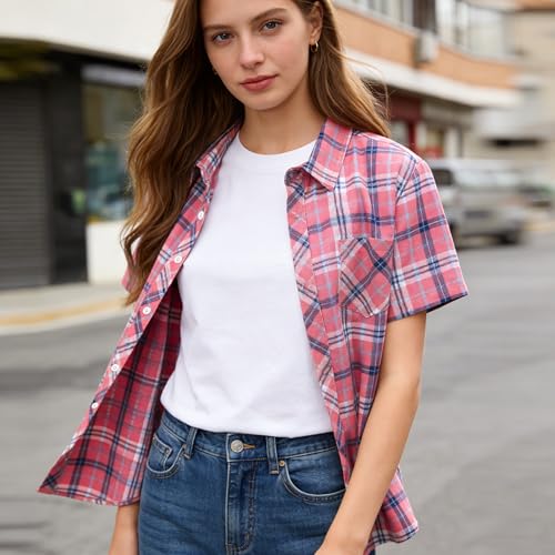 Image of SANGTREE Girls and Women Plaid Shirt Short Sleeve Button Down Summer Blouses Tops