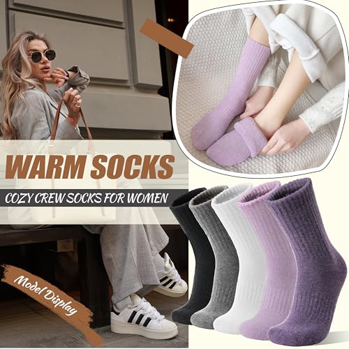 Image of EBMORE 5 Pairs Women Merino Wool Boot Socks Warm Thermal Winter Thick Hiking Cozy Cabin Crew Comfy Socks for Ladies