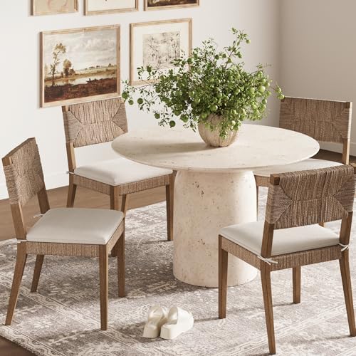 Image of Beacon Boho Dining Chair Set of 4, Boucle Dining Chair with Seagrass Accent and Solid Wood Legs, Cream Boucle /Light Brown