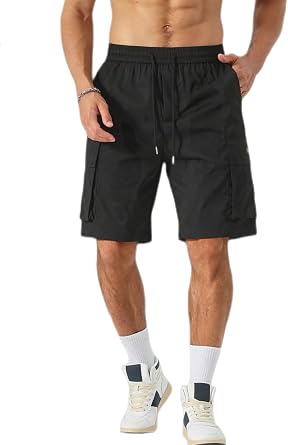 Short Cargo Homme Coton Léger - Taille Élastique Cordon, Poches Utilitaires, Randonnée Sport Vacances