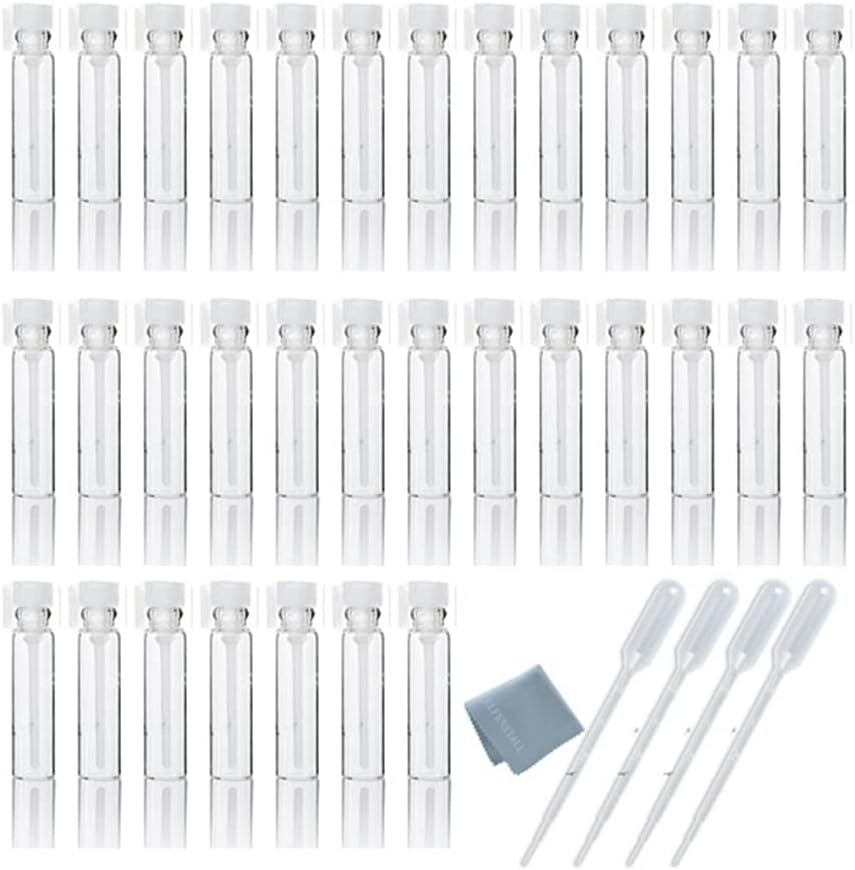 100PCS 1ml 1/4 Dram 1cc Empty Clear Glass Sample Vials for Essential Oils Aromatherapy Perfume DIY Liquid Free 10pcs 0.5ml Pipettes Droppers