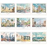 Dazoratix Travel City Wall Art - 9 Pcs Vintage Cityscape Prints Decor Poster Famous Architecture Landscape Artwork Buildings Aesthetic Artcat Pictures Paintings for Living Room Bedroom Home (Unframed)