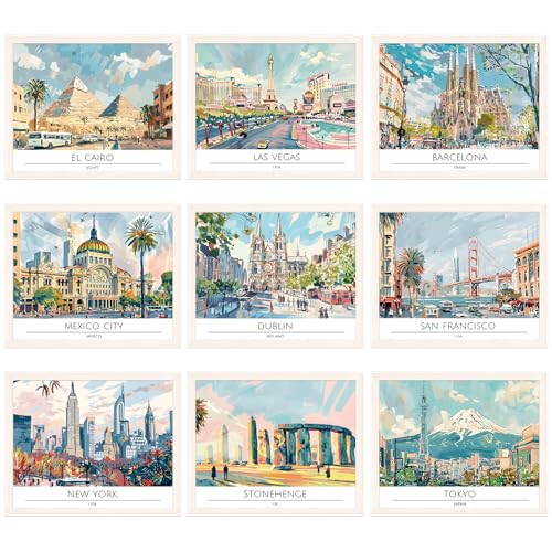 Dazoratix Travel City Wall Art - 9 Pcs Vintage Cityscape Prints Decor Poster Famous Architecture Landscape Artwork Buildings Aesthetic Artcat Pictures Paintings for Living Room Bedroom Home (Unframed)