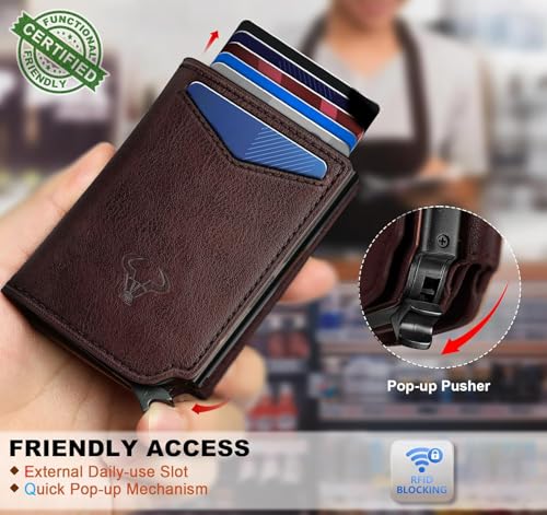 Image of VOGARD RFID Blocking Pop-Up Wallet for Men | Slim Leather Bifold Wallet with Metal Card Holder, Magnetic Flip, ID Window & Cash Pocket | Holds 10 Cards Brown