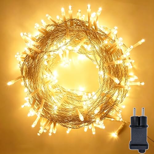 Hopelit Łańcuch świetlny LED 20 m, 200 diod, Ciepła Biel, 8 Trybów, Wtyczka 31V 6W, Pamięć i Czasomierz, IP44, Przezroczysty Kabel – Idealna na Ślub, Imprezę, Balkon i Ogród