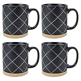 Elanze Designs Modern Plaid Raw Clay Bottom Black 16 ounce Ceramic Coffee Mugs Set of 4