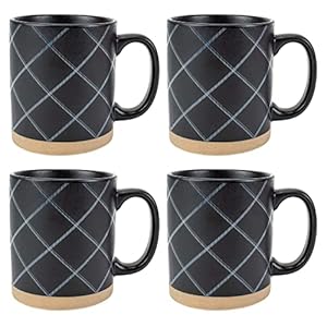 Elanze Designs Modern Plaid Raw Clay Bottom Black 16 ounce Ceramic Coffee Mugs Set of 4 Elanze Designs Modern Plaid Raw Clay Bottom Black 16 ounce Ceramic Coffee Mugs Set of 4