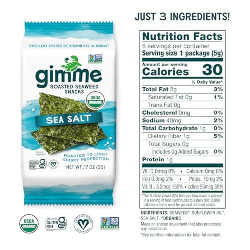 image for Gimme Seaweed Organic Premium Roasted Seaweed Snacks, Sea Salt, 6 Coun